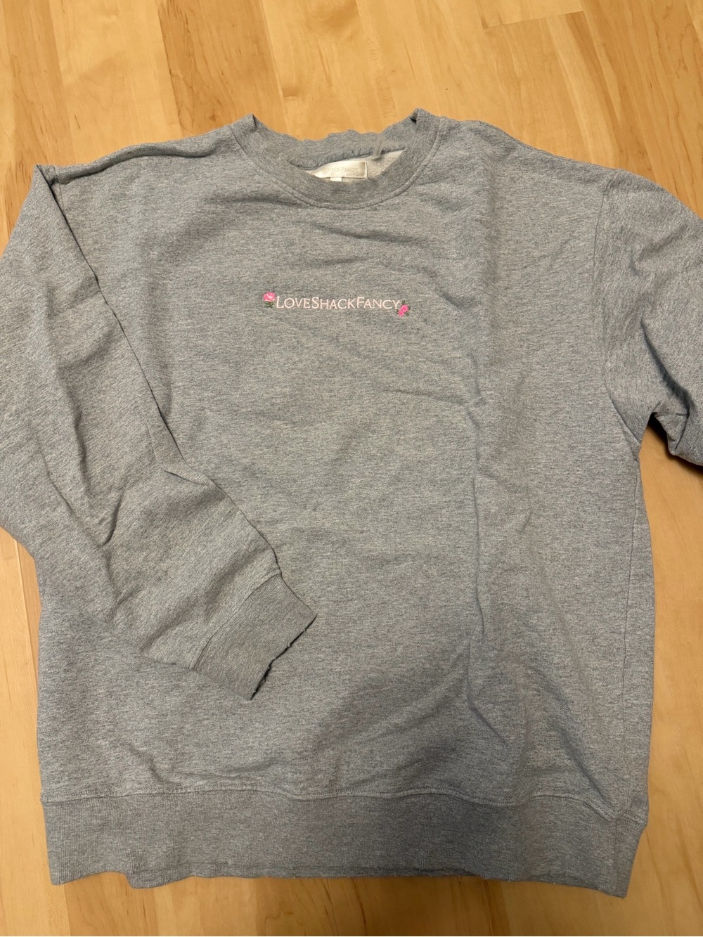 LoveShackFancy Gray Crewneck with Pink Embroidered Logo